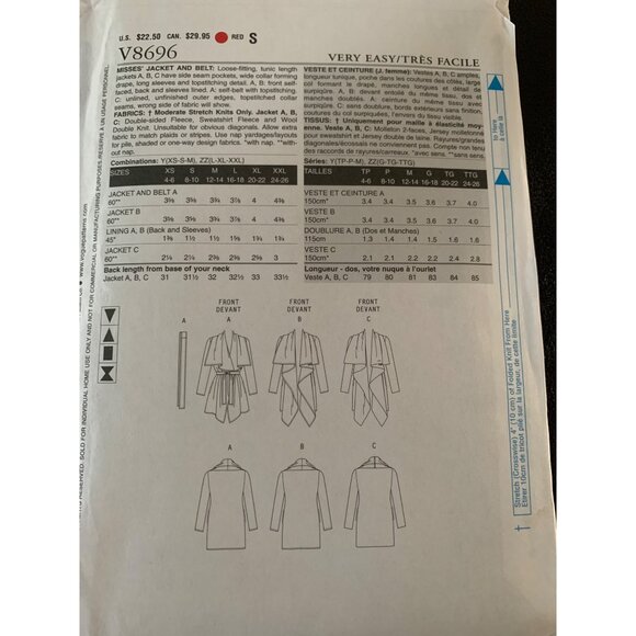 Vogue Misses Jacket Sewing Pattern V8696 Sz Xsm to Med - Uncut - Picture 5 of 8